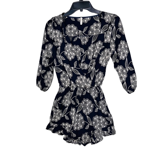 Sage Navy Ruffle 3/4 Sleeve Romper - Picture 1 of 6